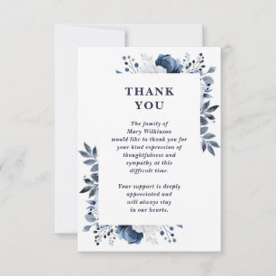 Navy Blue Floral Celebration Of Life Funeral Thank You Card