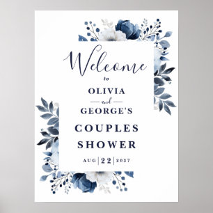 Navy Blue Floral Couples Shower Welcome Sign