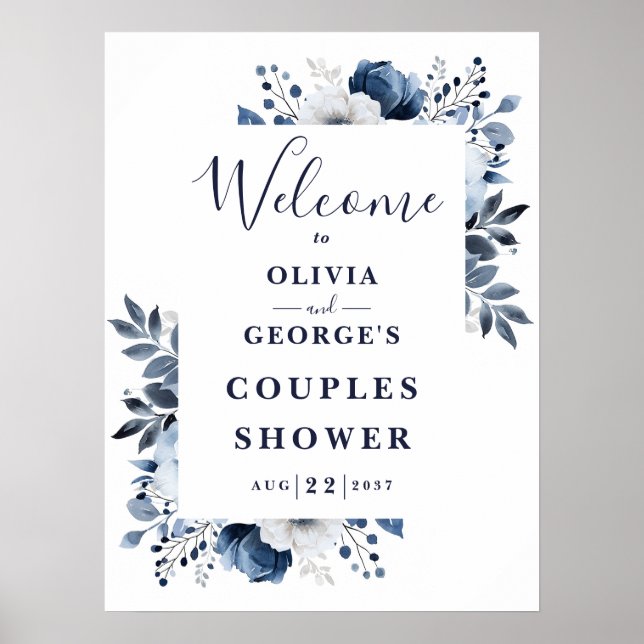 Navy Blue Floral Couples Shower Welcome Sign (Front)