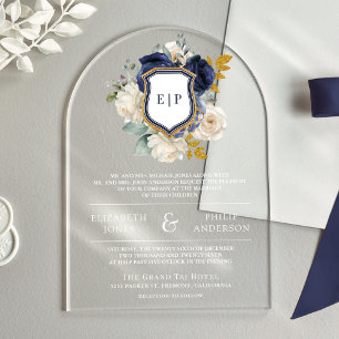 Navy Blue Floral Crest Monogram Wedding Acrylic Invitations