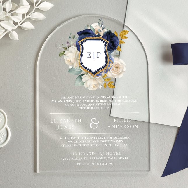 Navy Blue Floral Crest Monogram Wedding Acrylic Invitations (Creator Uploaded)