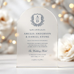 Navy Blue Floral Crest Monogram Wedding Elegant Acrylic Invitations