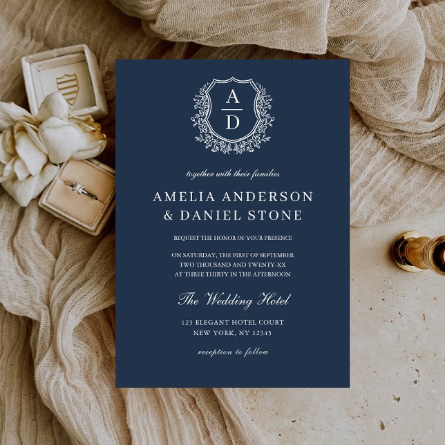 Navy Blue Floral Crest Monogram Wedding Elegant Invitation (Creator Uploaded)