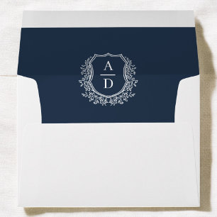 Navy Blue Floral Crest Monogram Wedding Envelope