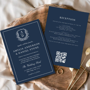 Navy Blue Floral Crest Monogram Wedding QR Code Invitation