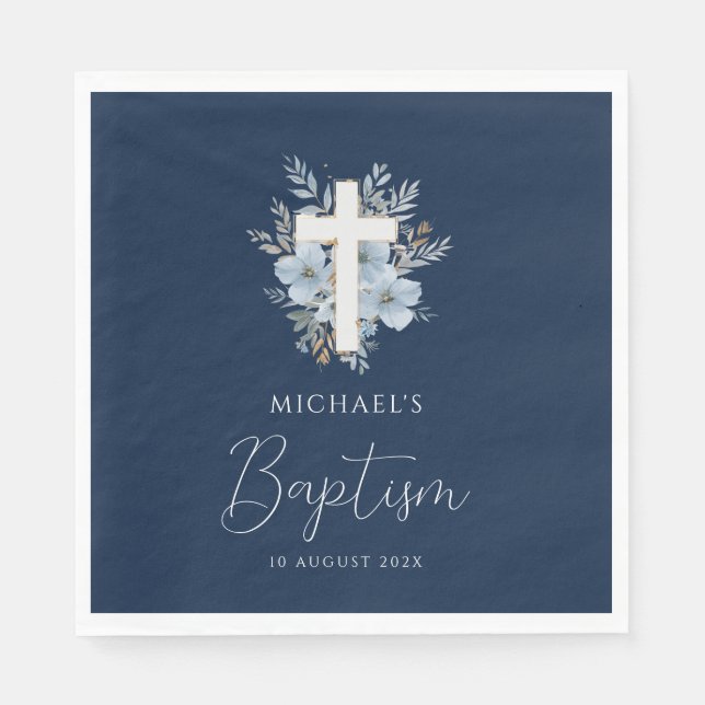 navy blue floral cross baptism napkin (Front)