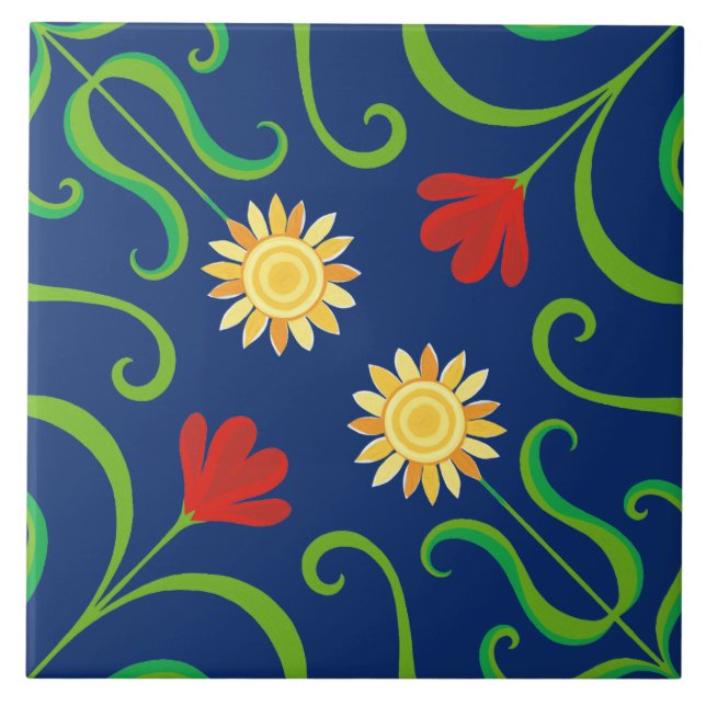    Navy Blue Floral Damask Sunflower Seamless Folk Tile (Front)