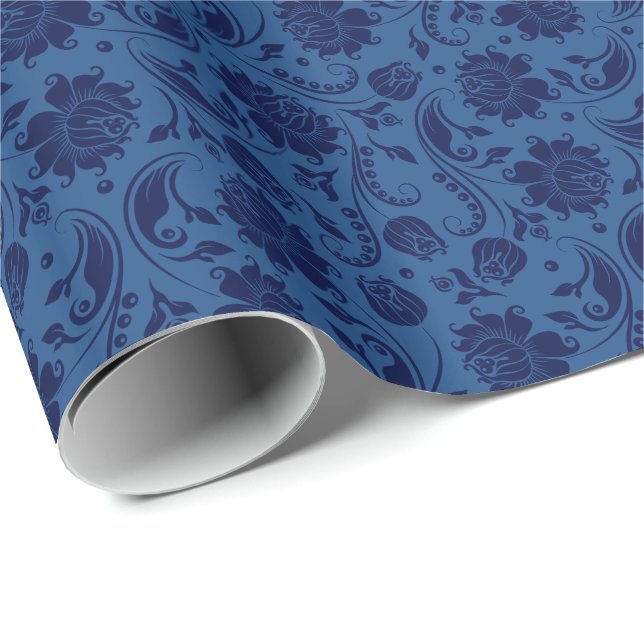 Navy Blue Floral Damasks Dark Blue Background Wrapping Paper (Roll Corner)