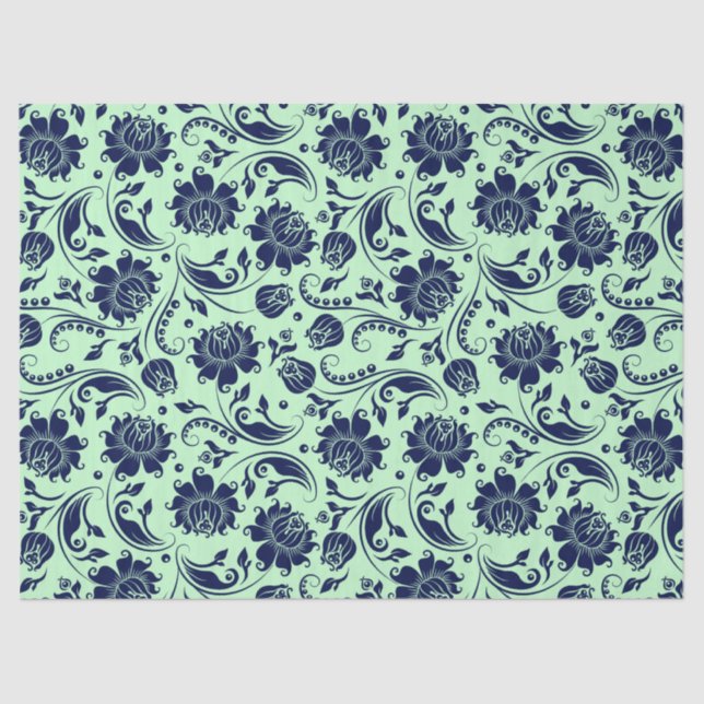 Navy Blue Floral Damasks Green Background Tissue Paper (Front)