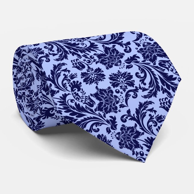 Navy-Blue Floral Damasks Light Blue Background Tie (Rolled)