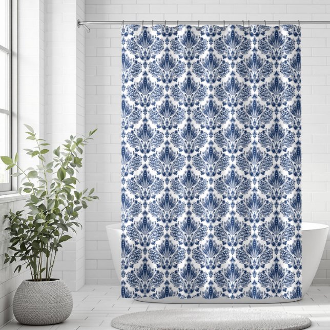 Navy Blue Floral Damasks On White Background Shower Curtain (Creator Uploaded)