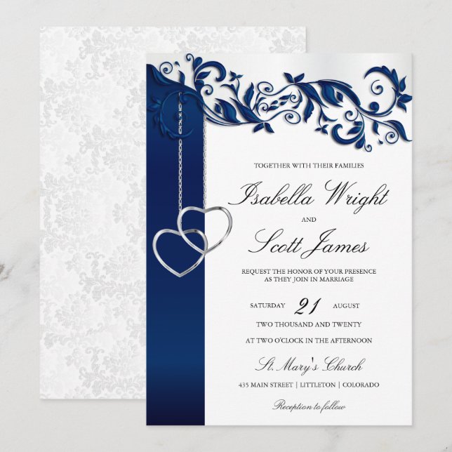 Navy Blue Floral Design Wedding Invitation (Front/Back)