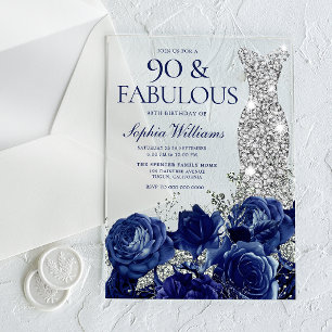 Navy Blue Floral & Diamond Dress 90th Birthday Acrylic Invitations