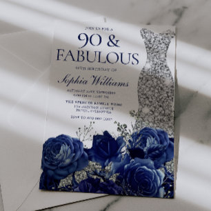 Navy Blue Floral & Diamond Dress 90th Birthday Invitation