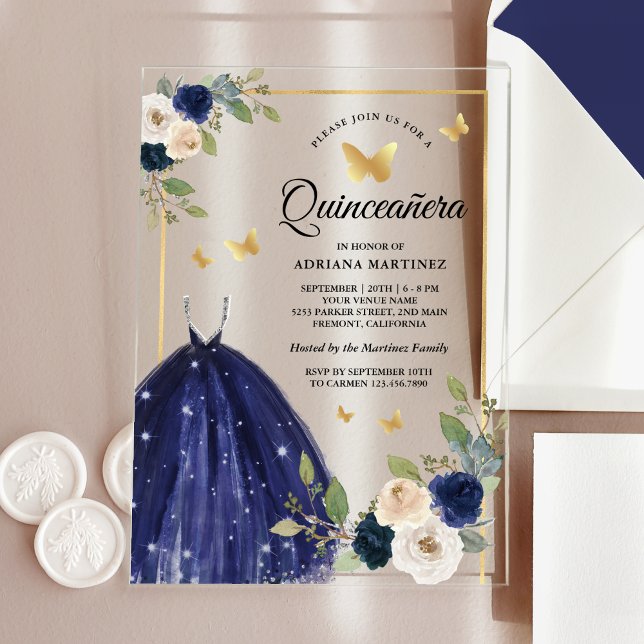 Navy Blue Floral Dress Butterfly Gold Quinceanera Acrylic Invitations (Creator Uploaded)