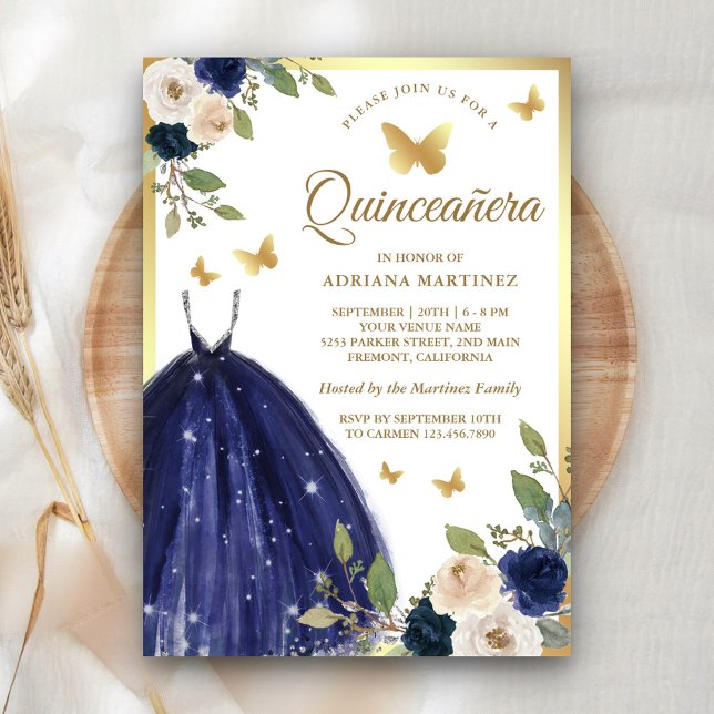 Navy Blue Floral Dress Butterfly Gold Quinceanera Invitation (Creator Uploaded)