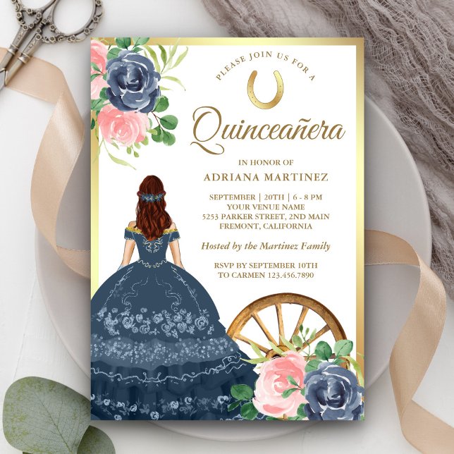 Navy Blue Floral Dress Charro Gold Quinceanera Invitation (Creator Uploaded)