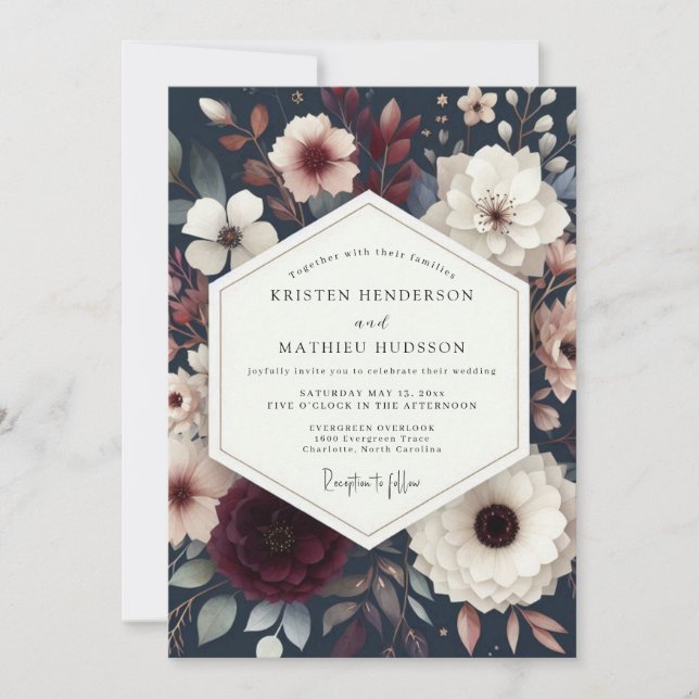 Navy Blue Floral Elegance Wedding Invitation (Front)