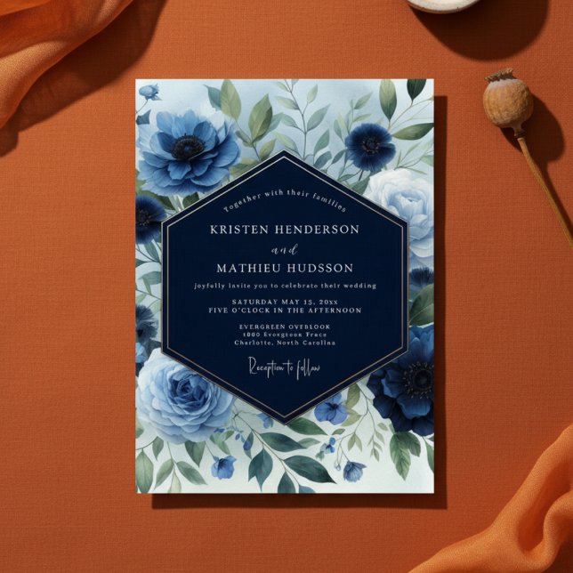 Navy Blue Floral Elegance Wedding Invitation (Creator Uploaded)