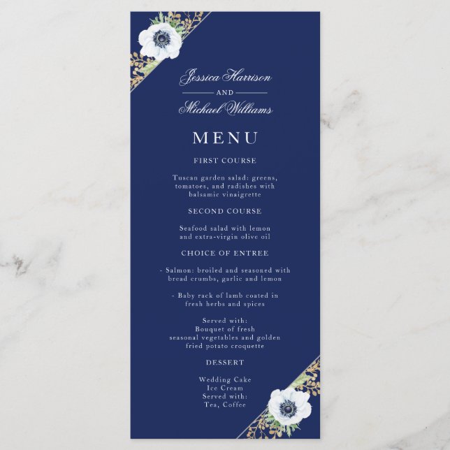 Navy Blue Floral Elegant Anemone Bouquet Wedding Menu (Front)
