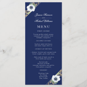 Navy Blue Floral Elegant Anemone Bouquet Wedding Menu