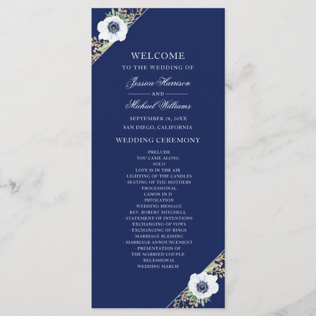 Navy Blue Floral Elegant Anemone Bouquet Wedding Programme (Front)
