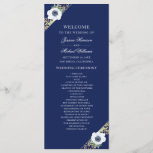 Navy Blue Floral Elegant Anemone Bouquet Wedding Programme