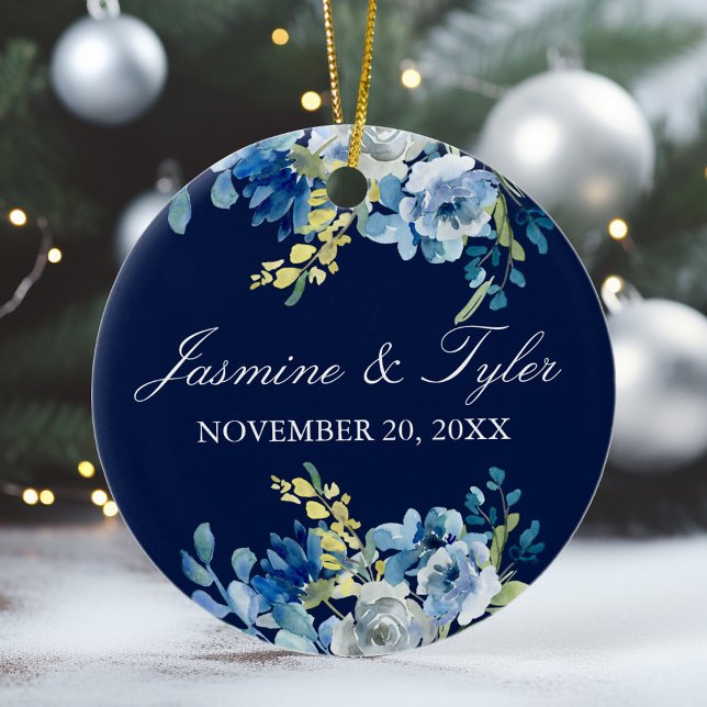 Navy Blue Floral Elegant Custom Wedding Photo Ceramic Tree Decoration (Creator Uploaded)