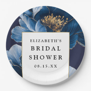 Navy Blue Floral Elegant Modern Bridal Shower Paper Plate