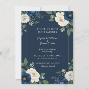 Navy Blue Floral Elegant Wedding Invitation