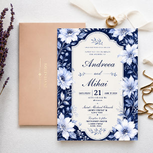Navy Blue Floral Elegant White Flower Luxury Invitation