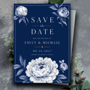Navy Blue Floral Elegant White Peony Save The Date