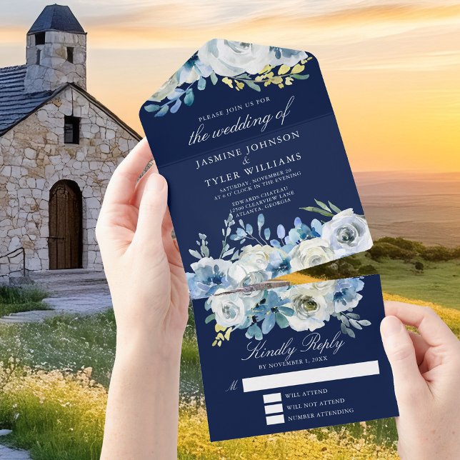 Navy Blue Floral Elegant Winter Wedding All In One Invitation (Creator Uploaded)