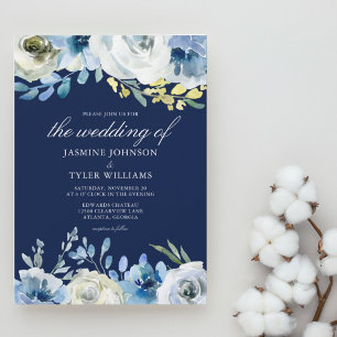 Navy Blue Floral Elegant Winter Wedding Invitation