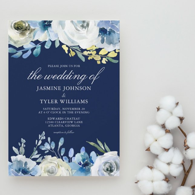 Navy Blue Floral Elegant Winter Wedding Invitation (Creator Uploaded)