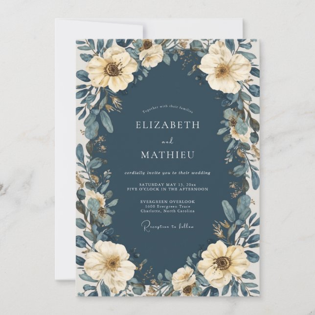 Navy Blue Floral Enchantment Wedding Invitation (Front)