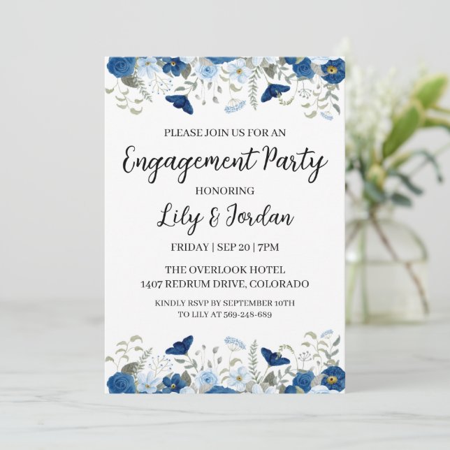 navy blue floral engagement party invitations (Standing Front)