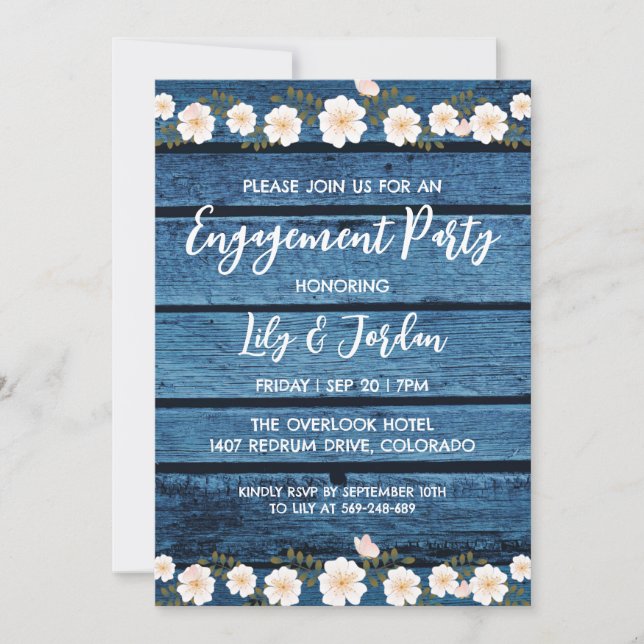 navy blue floral engagement party invitations (Front)