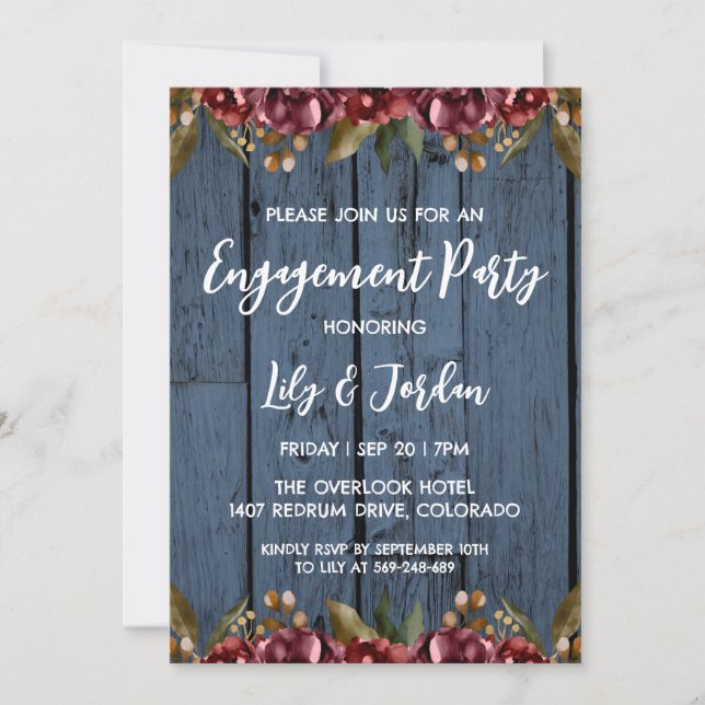 navy blue floral engagement party invitations (Front)