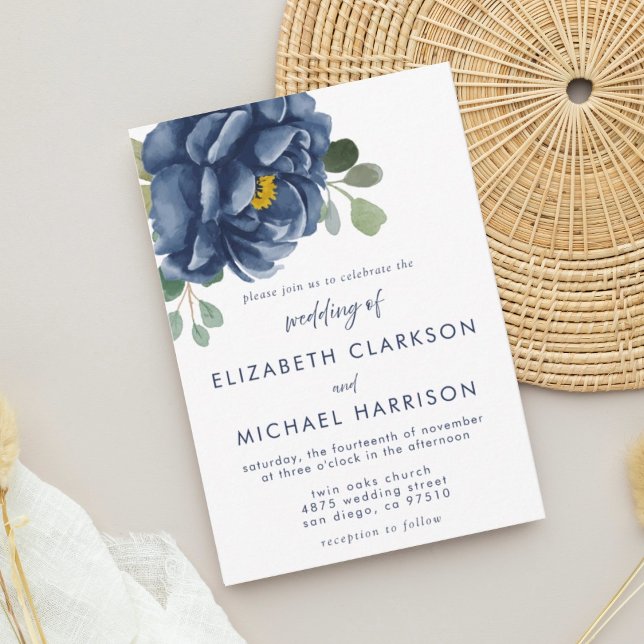 Navy Blue Floral Eucalyptus Wedding Invitation (Creator Uploaded)