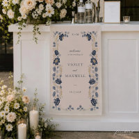 Navy Blue Floral Fabric Wedding Welcome Banner