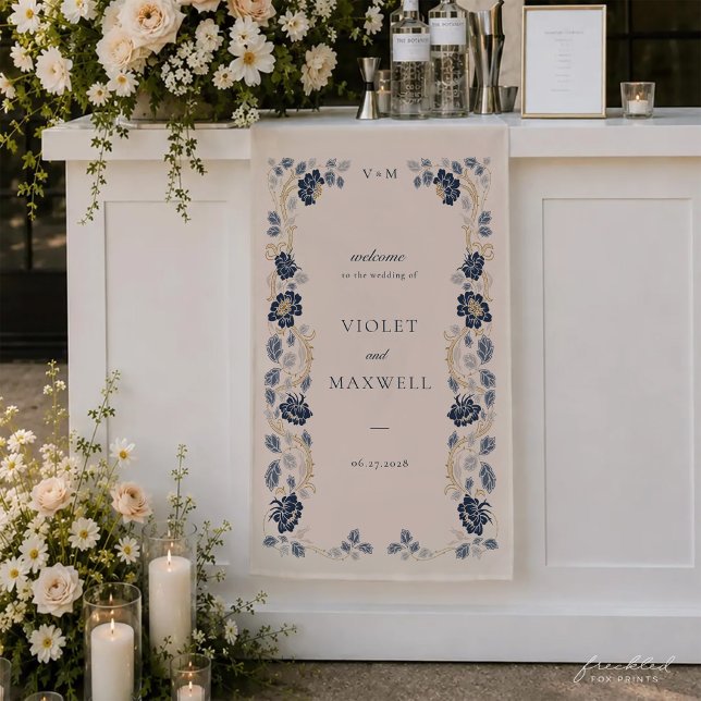Navy Blue Floral Fabric Wedding Welcome Banner (Navy Blue Floral Art Nouveau Wedding Welcome Banner)