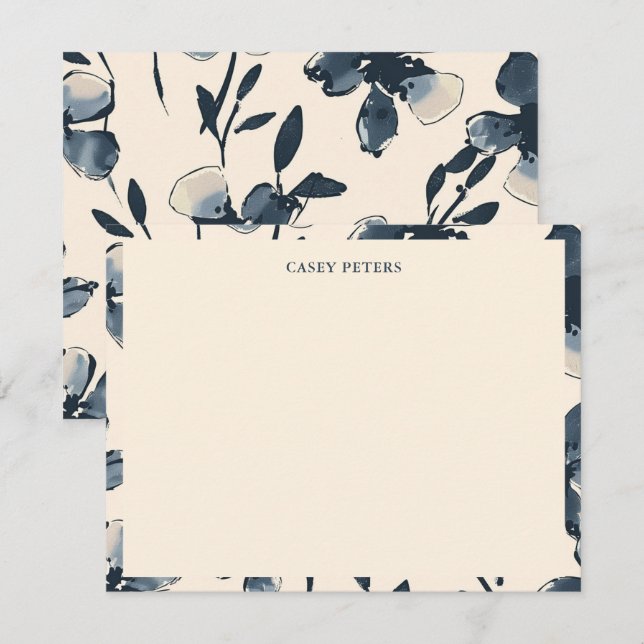 Navy Blue Floral Flat Note Card with Name (Front/Back)