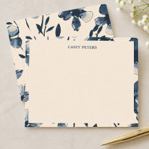 Navy Blue Floral Flat Note Card with Name