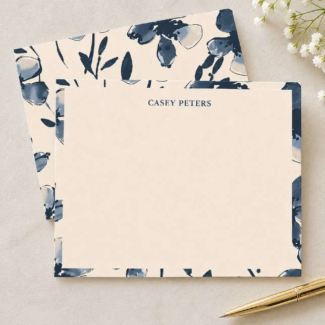 Navy Blue Floral Flat Note Card with Name (Creator Uploaded)