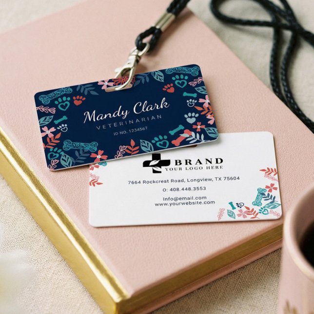 Navy Blue Floral & Foliage Pet Paw Print Pattern ID Badge (Navy Blue Floral & Foliage Pet Paw Print Pattern Badge)