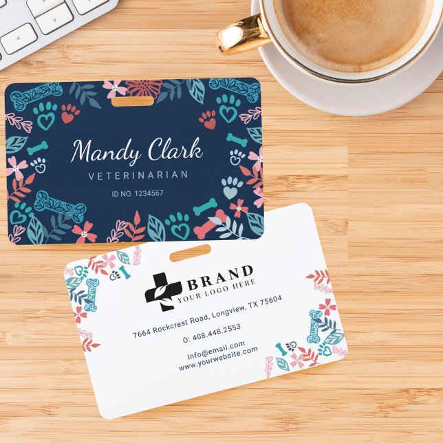 Navy Blue Floral & Foliage Pet Paw Print Pattern ID Badge (Creator Uploaded)