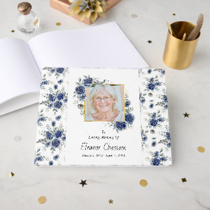 Navy Blue Floral Funeral Photo Sympathy Memorial  Guest Book