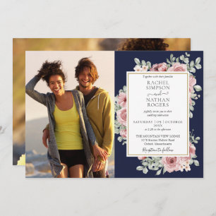 Navy Blue Floral Gold 2 Photos Wedding Invitation