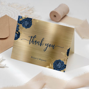 Navy Blue Floral Gold Brushed Metal Wedding Thank You Card